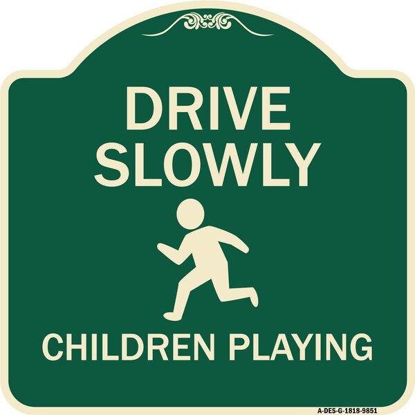 Designer Series-Drive Slowly Children Playing Green, 18" x 18", G-1818-9851